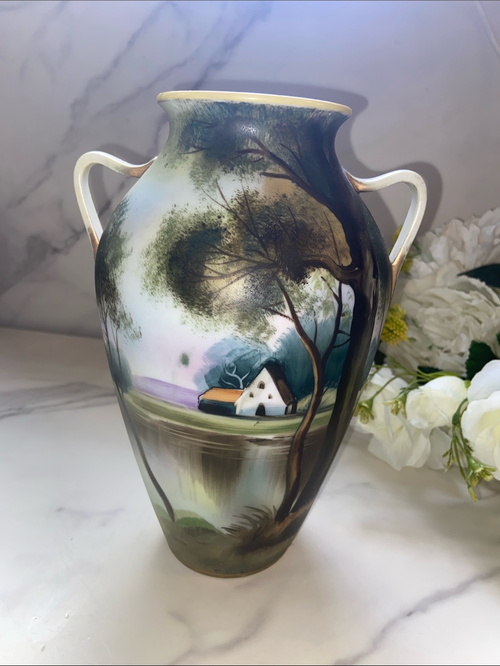 Vintage Hand-Painted Scenic Ceramic Vase